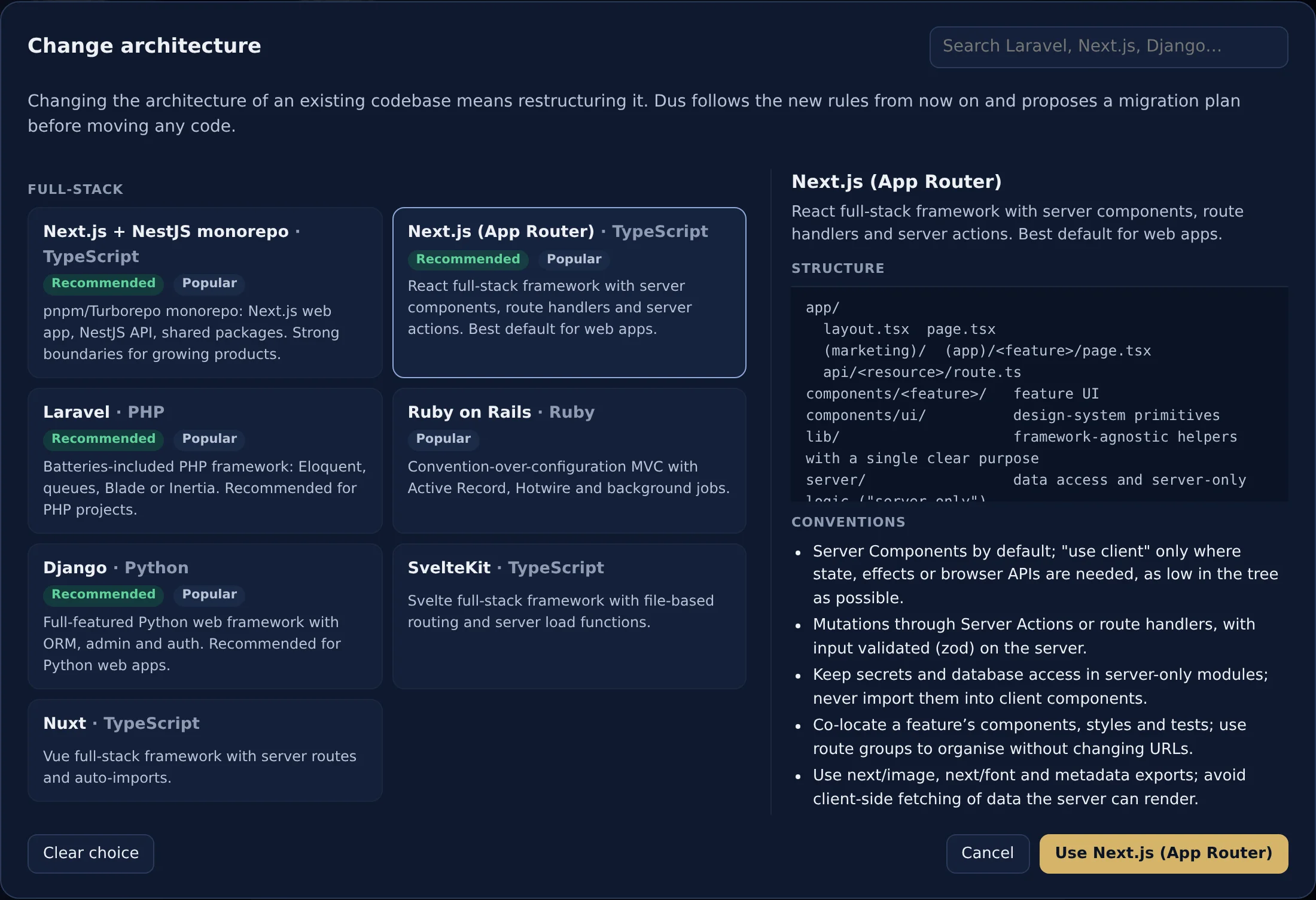 Changing a project's architecture in Duscode: blueprints such as Next.js + NestJS monorepo, Next.js, Laravel, Ruby on Rails, Django and SvelteKit, with Next.js (App Router) selected showing its folder structure and conventions, and a note that Dus proposes a migration plan before moving any code.